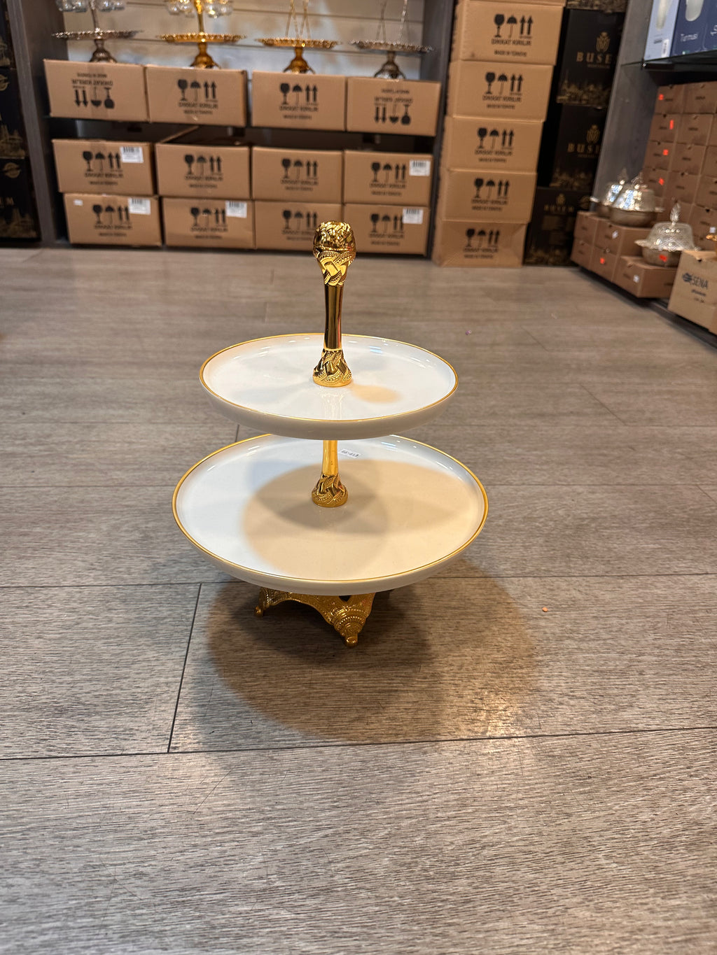 Two-Tier Decorative Serving Stand with White Plates and Gold-Tone Handle