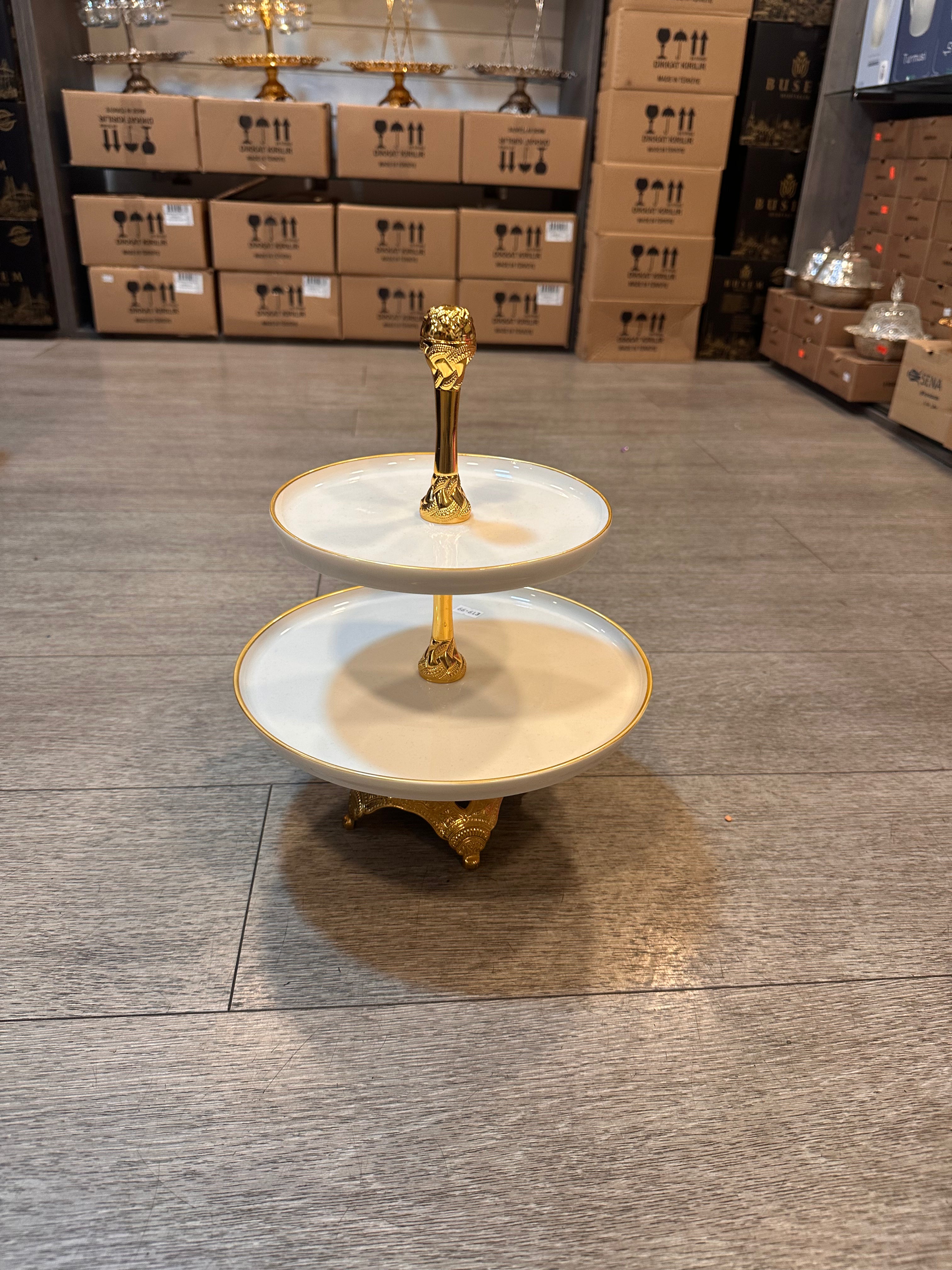 Two-Tier Decorative Serving Stand with White Plates and Gold-Tone Handle