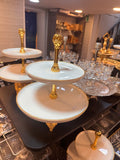Two-Tier Decorative Serving Stand with White Plates and Gold-Tone Handle