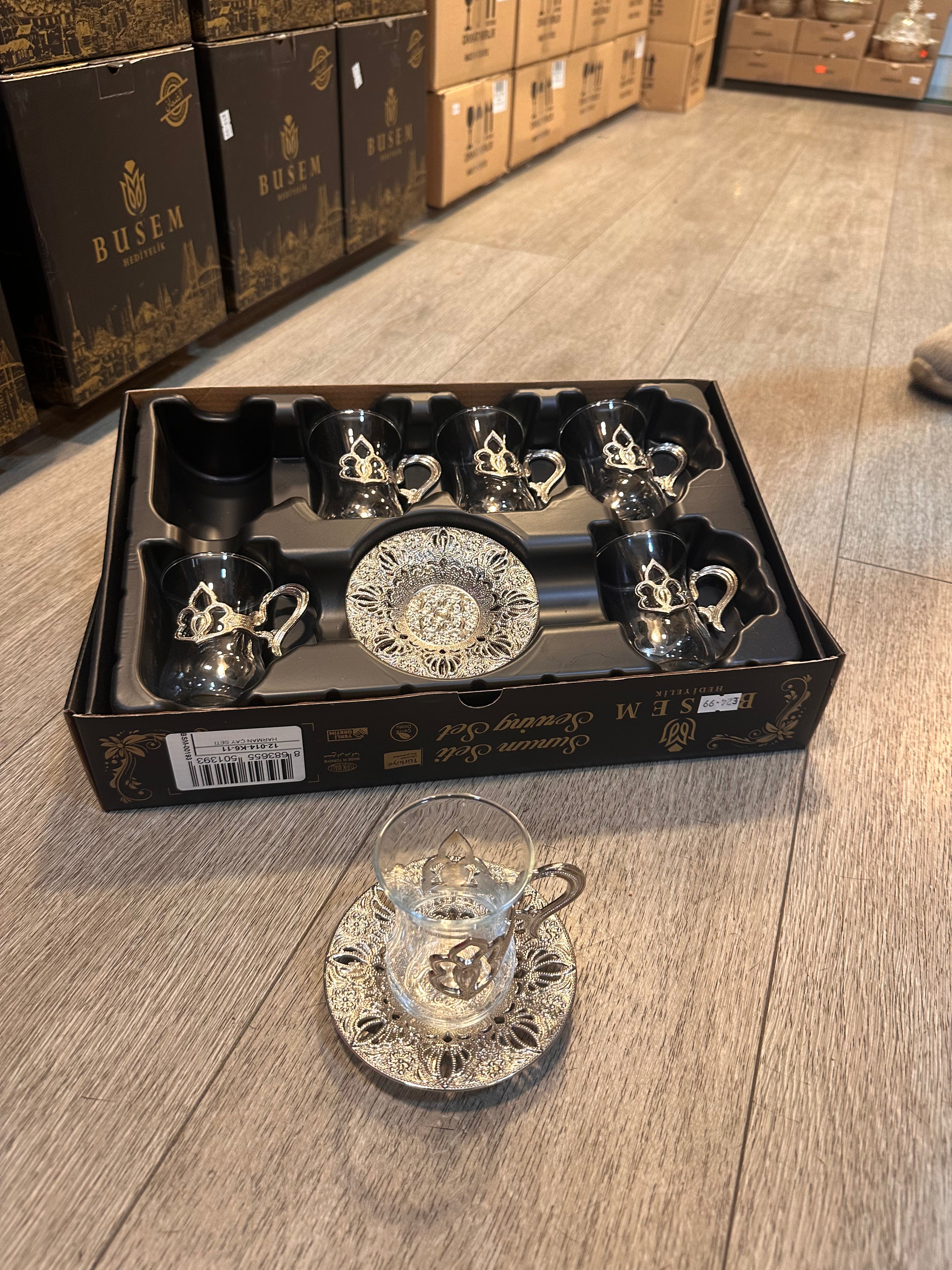 Busem Harman 6-Person Turkish Tea Glass Serving Set with Holders and Saucers