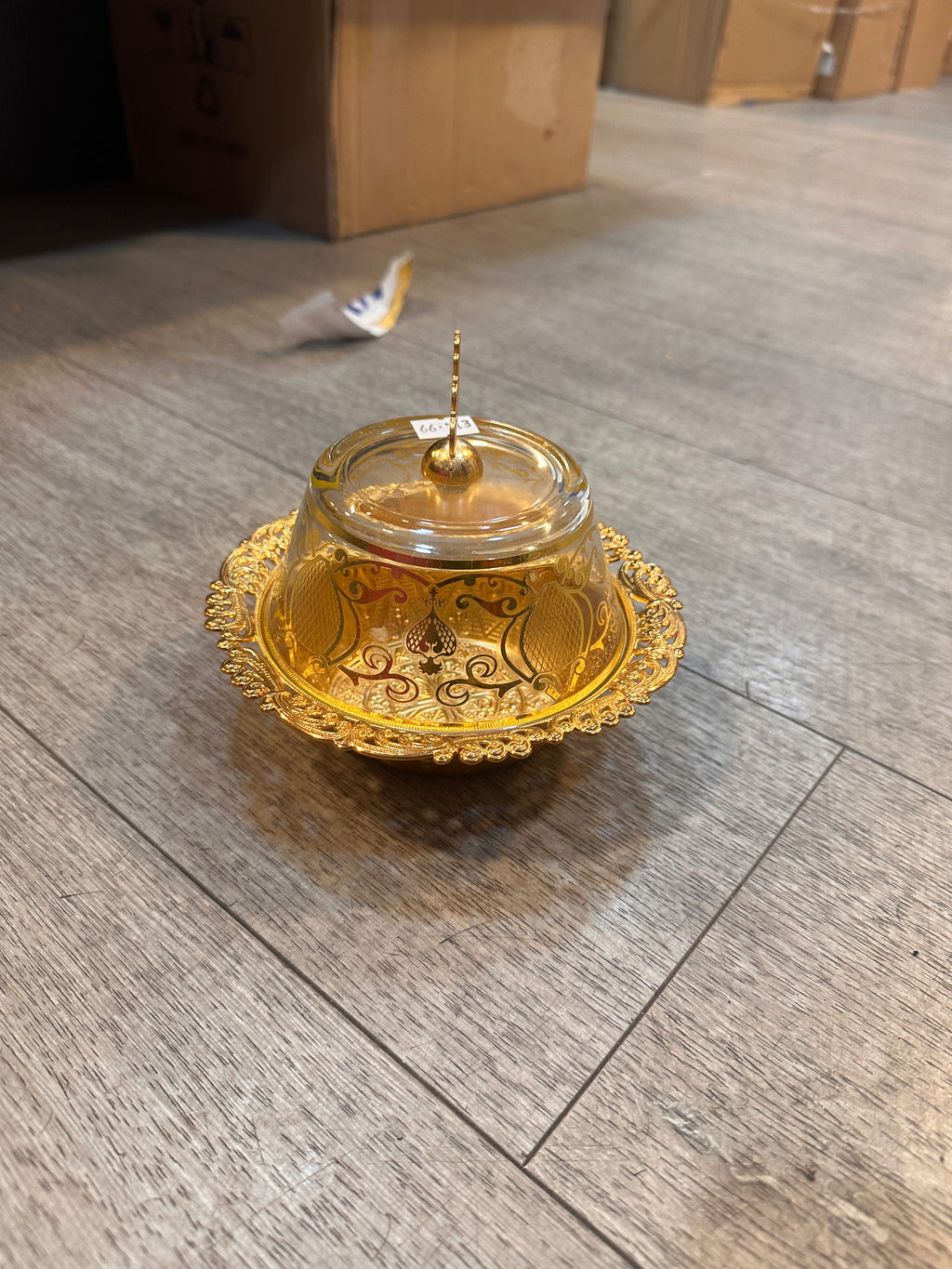 Decorative Lidded Glass Serving Bowl with Ornate Gold-Tone Tray