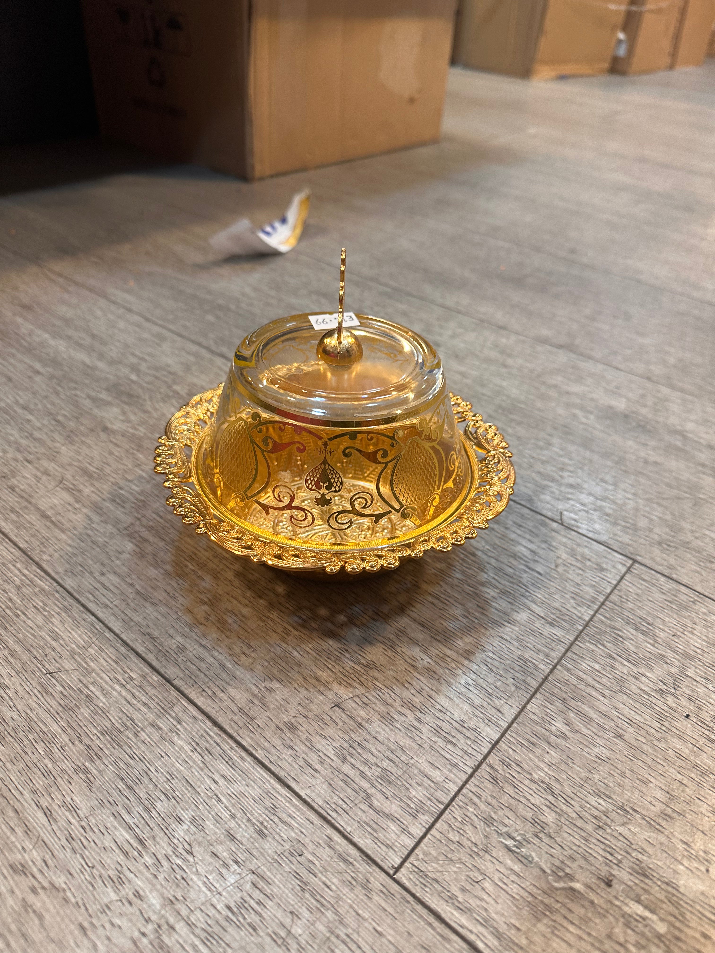 Decorative Lidded Glass Serving Bowl with Ornate Gold-Tone Tray