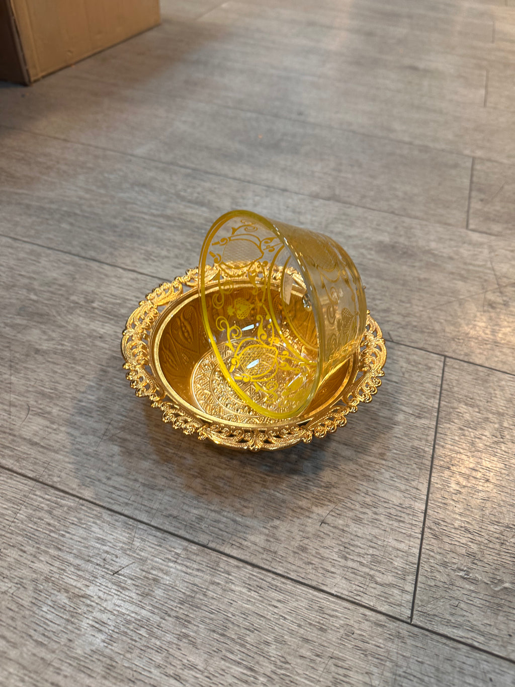 Decorative Lidded Glass Serving Bowl with Ornate Gold-Tone Tray