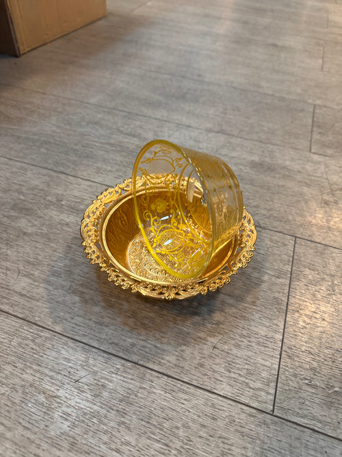 Decorative Lidded Glass Serving Bowl with Ornate Gold-Tone Tray