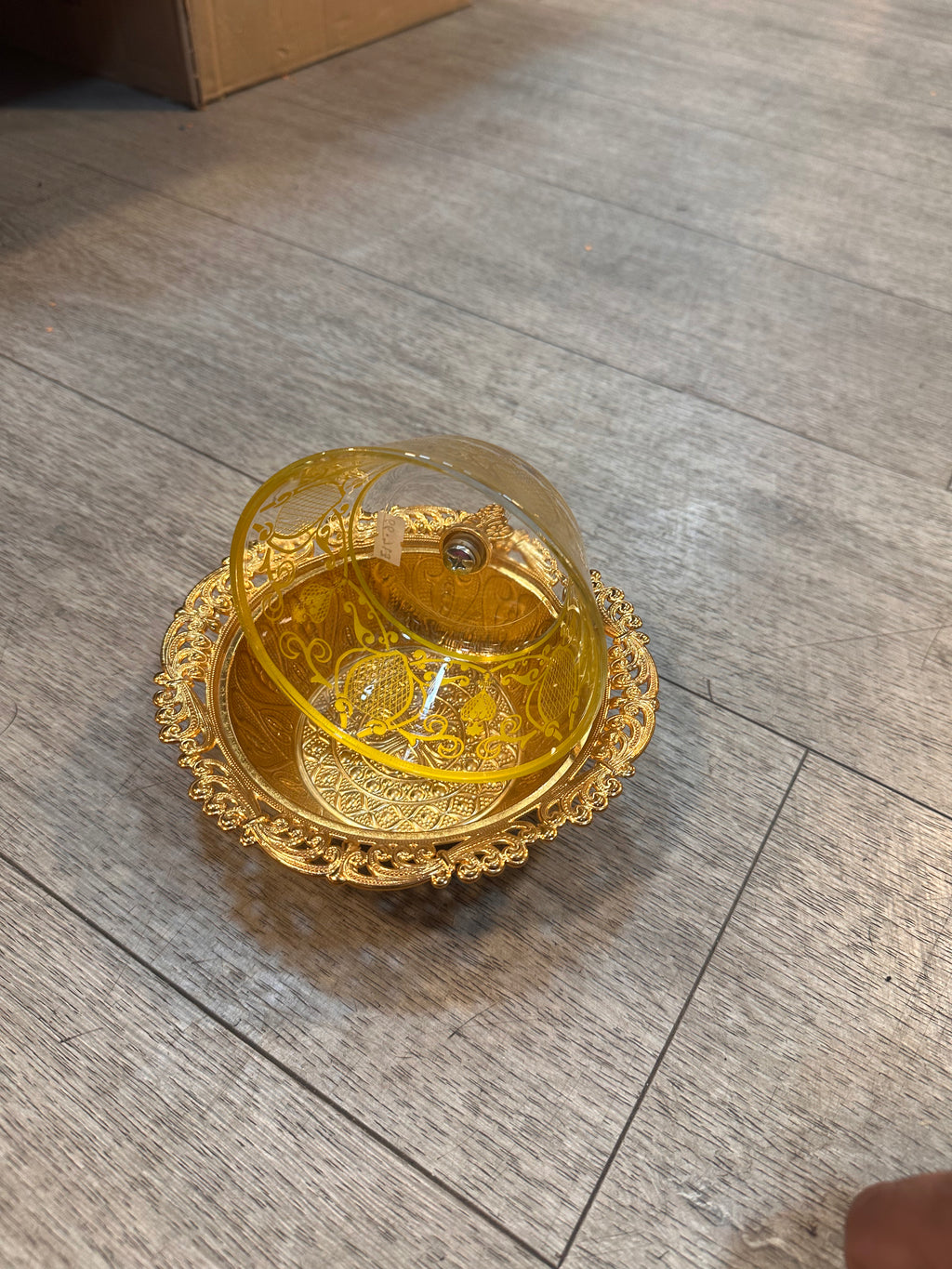 Decorative Lidded Glass Serving Bowl with Ornate Gold-Tone Tray